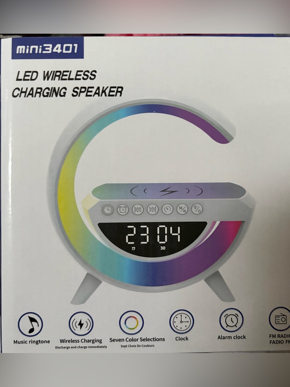 Multicolor LED Wireless Charging Alarm Clock Speaker